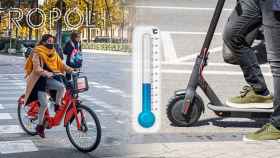 Una usuaria del Bicing y un patinete ilustran la encuesta de movilidad de Metrópoli Abierta / FOTOMONTAJE MA