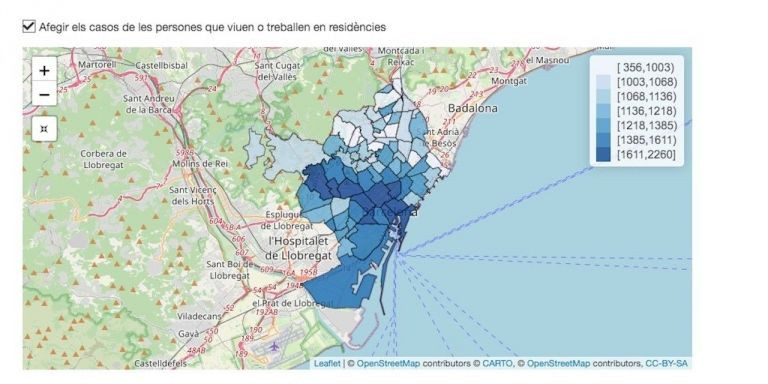 Los barrios de Barcelona con más casos de coronavirus en azul oscuro / ASPB