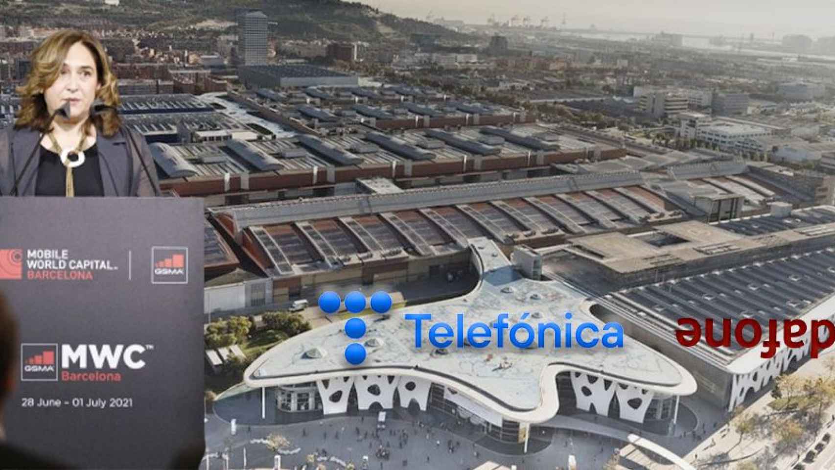 Fotomontaje en el que aparecen Ada Colau, alcaldesa de Barcelona, y los logos de Vodafone y Telefónica, con el Mobile World Congress (MWC) de fondo