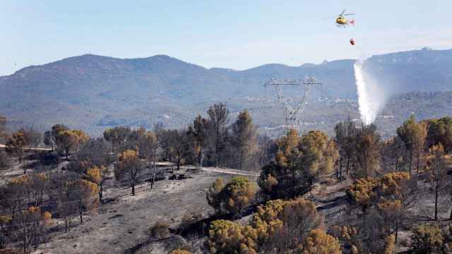 Un hidroavión trabaja cerca de la urbanización de Can Sunyer. El incendio que afecta a los términos de Castellví de Rosanes y Martorell, en Barcelona, continúa activo tras calcinar unas