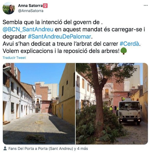 Tuit de Anna Satorra sobre la tala de árboles en Sant Andreu 