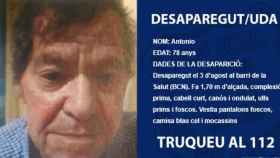 Antonio, el hombre de 78 años desaparecido en La Salut / MOSSOS D'ESQUADRA