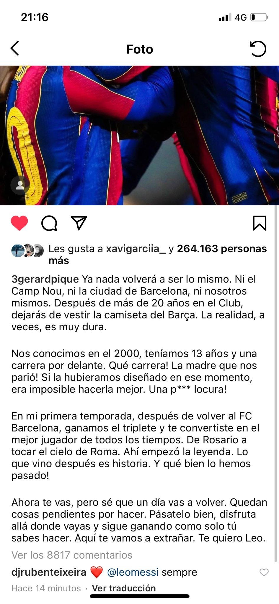 El mensaje de Gerard Piqué a Leo Messi en Instagram