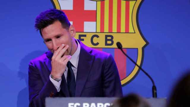 Leo Messi, emocionado en su despedida del FC Barcelona / EFE
