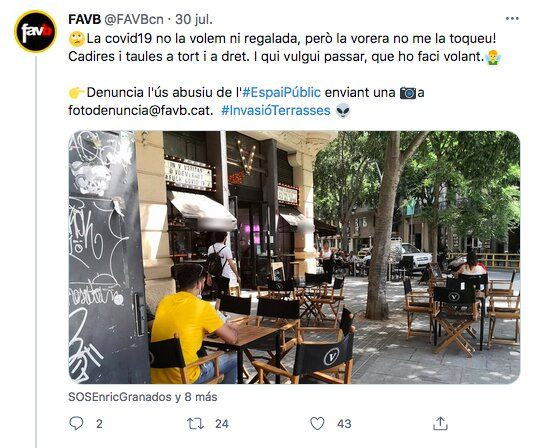Tuits de la FAVB señalando la ocupación del espacio público de las terrazas / TWITTER