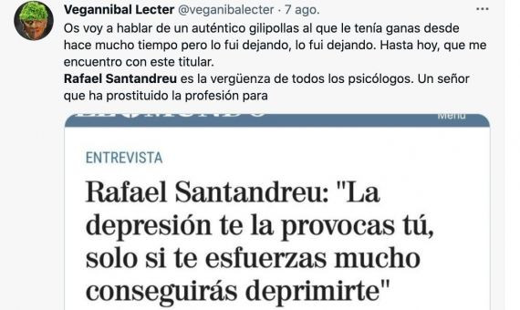 Tweet en el que insultan a Rafael Santandreu / RRSS