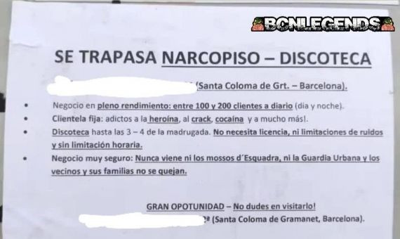 Anuncio del narcopiso de Santa Coloma en traspaso / 'BCN LEGENDS' - TELEGRAM