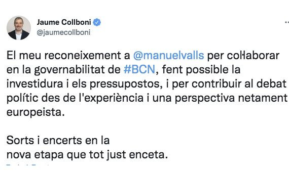 Mensaje de agradecimiento de Collboni a Valls / TWITTER
