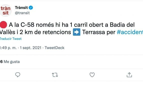 Publicación del Servei Català de Trànsit en su cuenta de Twitter / TWITTER
