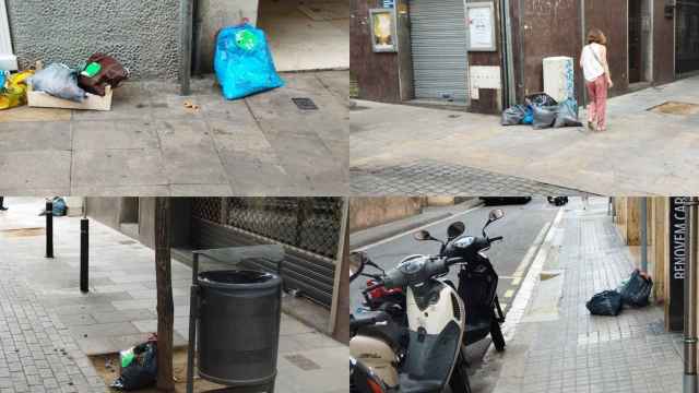 Cuatro imágenes con bolsas de basura del sistema 'Puerta a puerta' en varias calles de Sarrià / METRÓPOLI - JORDI SUBIRANA