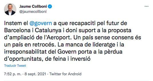 Jaume Collboni, sobre la no ampliación del Prat / TWITTER