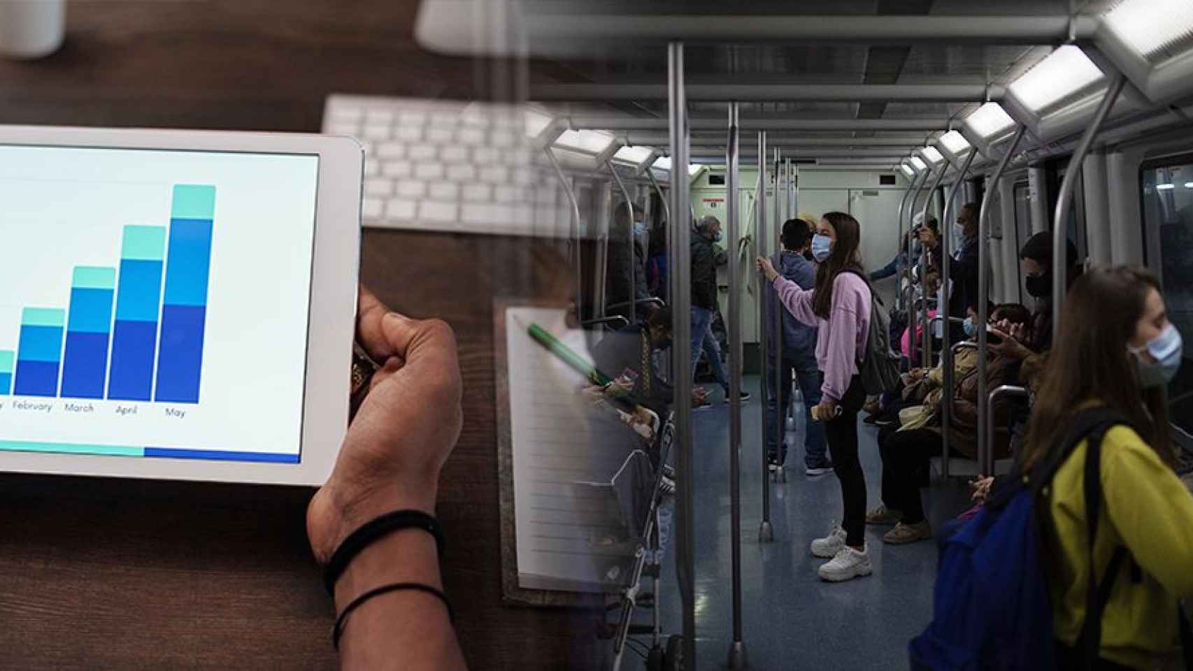 Usuarios del metro en Barcelona y, a la derecha, una persona mirando unas estadísticas en una tablet / FOTOMONTAJE