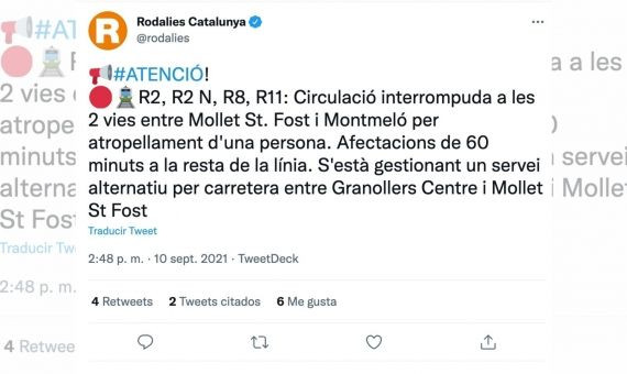 Tuit de Rodalies Catalunya / TWITTER