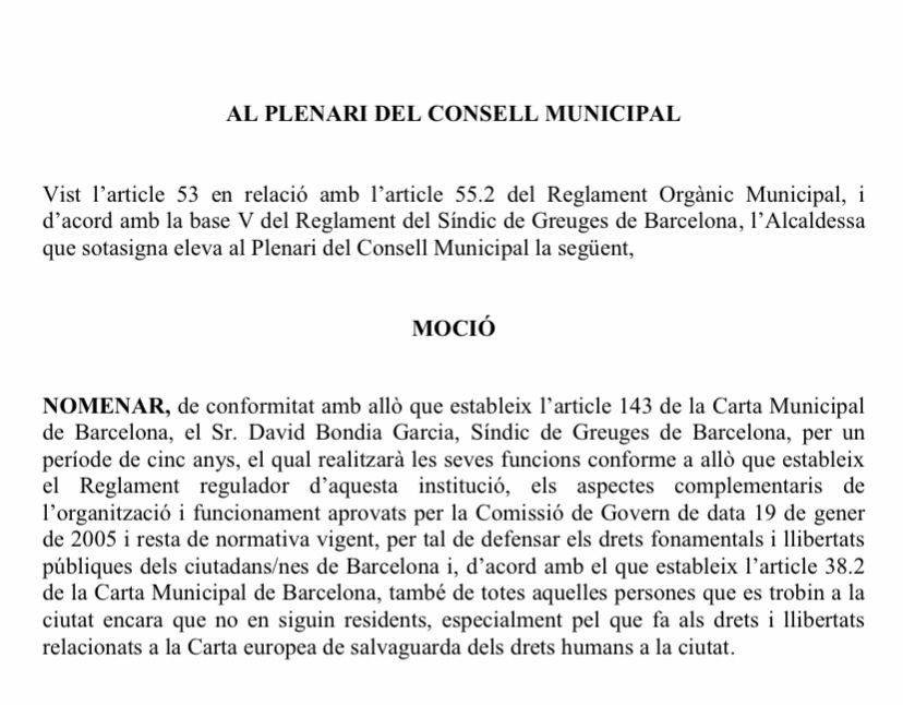 Propuesta de nombramiento de Bondia / AYUNTAMIENTO DE BARCELONA