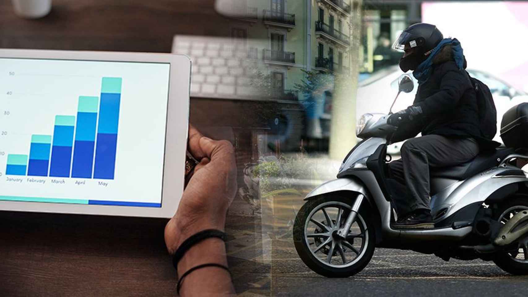 Fotomontaje de una persona mirando una tablet y una moto circulando por Barcelona / FOTOMONTAJE