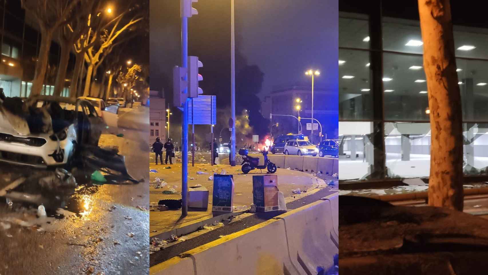 Destrozos en la plaza Espanya y en las calles adyacentes tras el macrobotellón / METRÓPOLI