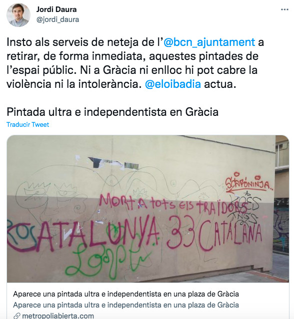 Tuit del consejero de Barcelona pel Canvi en Gràcia Jordi Daura / TWITTER JORDI DAURA