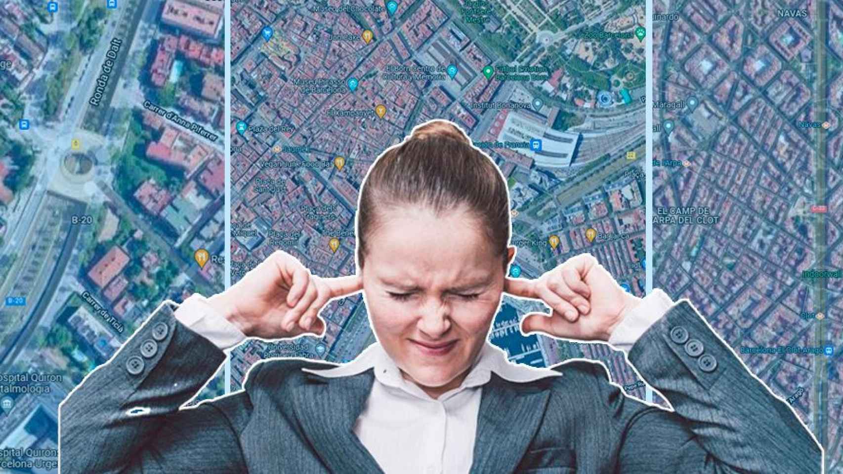 Mapas de tres de las calles con más ruido de Barcelona en un fotomontaje con una mujer tapándose los oídos / METRÓPOLI