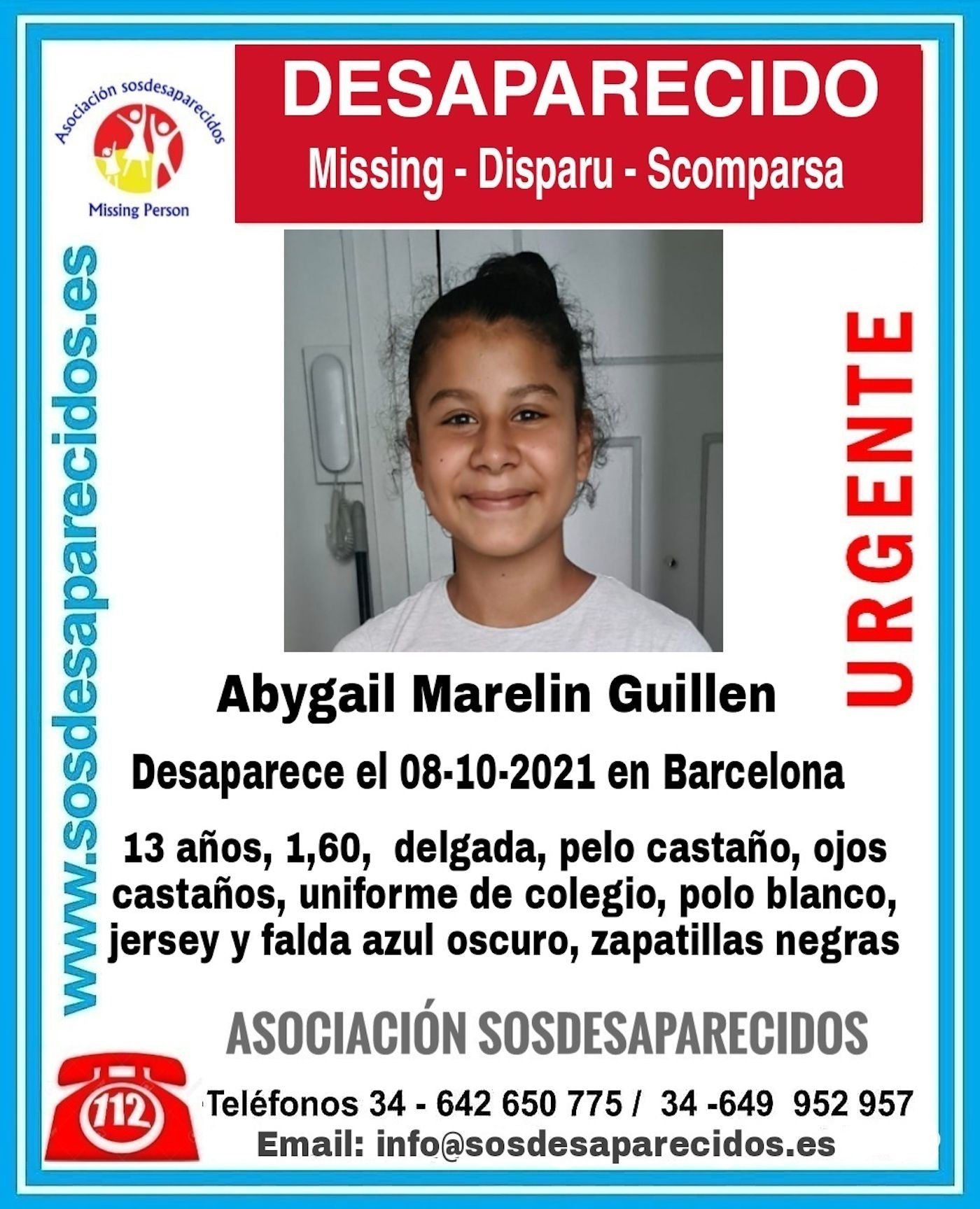 Abygal Marelin Guillen, la menor desaparecida en Barcelona / SOS DESAPARECIDOS