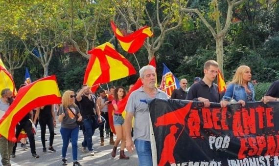 Grupos fascistas subiendo a la plaza Sant Jordi de Montjuïc para quemar las esteladas / DEMOCRACIA NACIONAL TWITTER