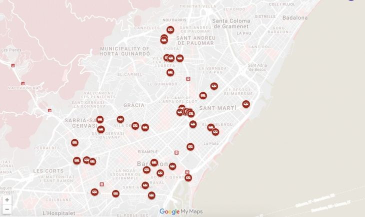 Mapa de todas las paradas de castañas y boniatos de Barcelona