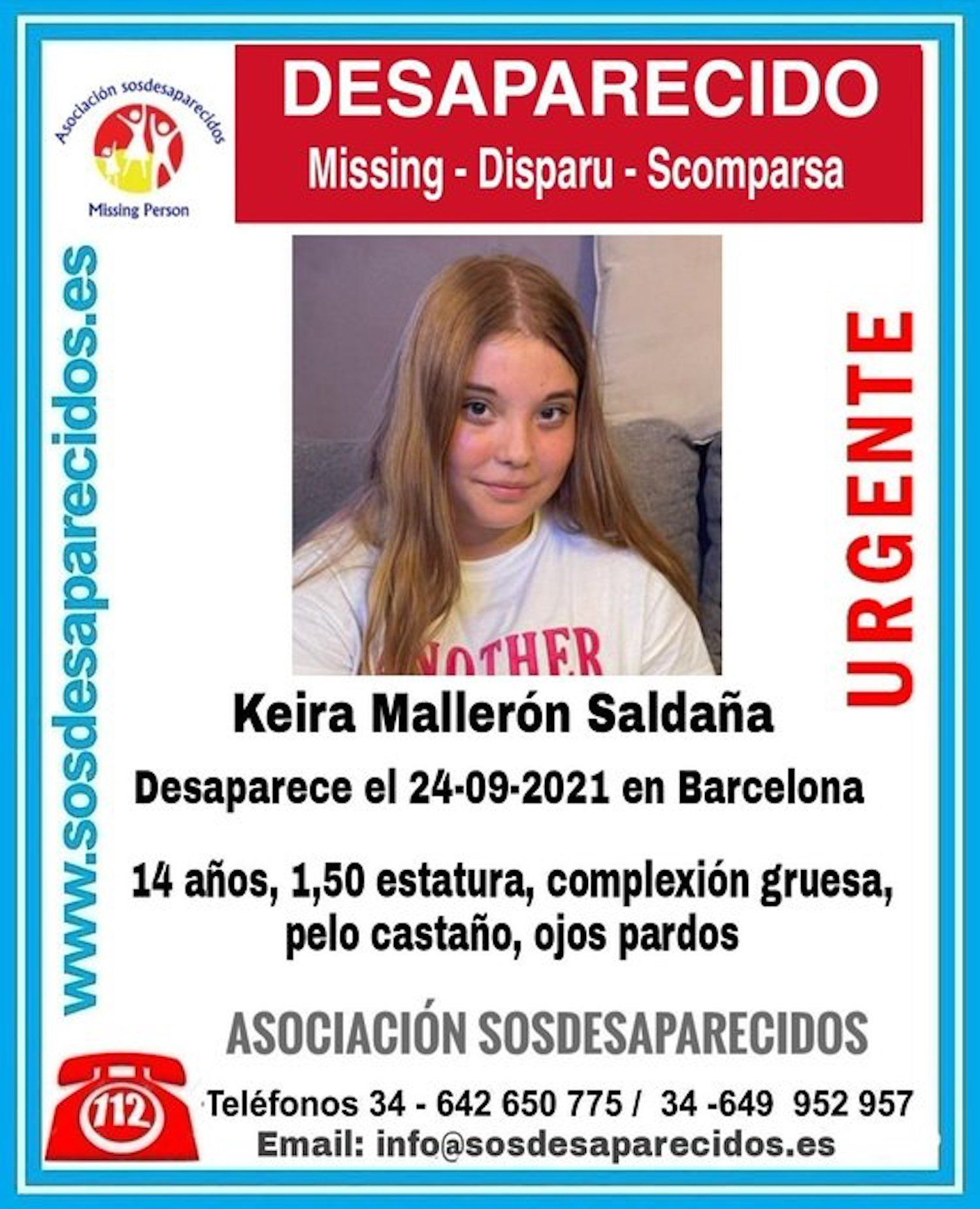Keira Mallerón Saldaña, la menor desaparecida en Barcelona / SOS DESAPARECIDOS