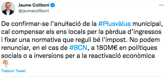 Tuit de Jaume Collboni sobre la anulación del impuesto de la plusvalía / TWITTER JAUME COLLBONI