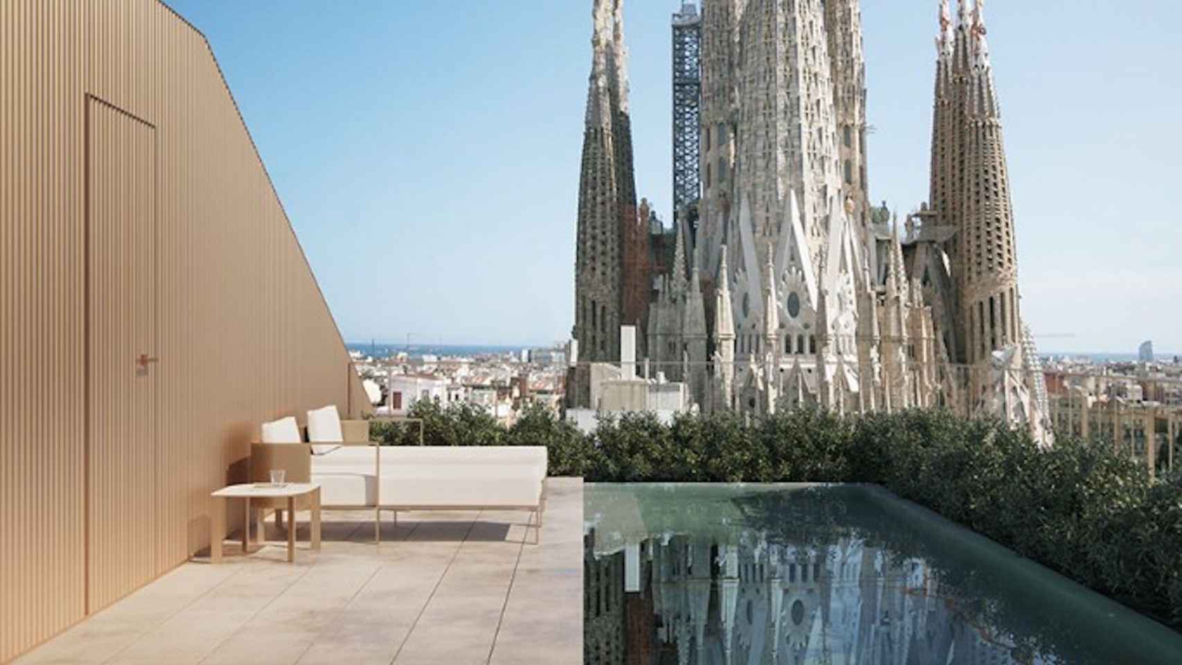 Render de las vistas de la Sagrada Família desde la piscina del nuevo edificio / YESSFLATS