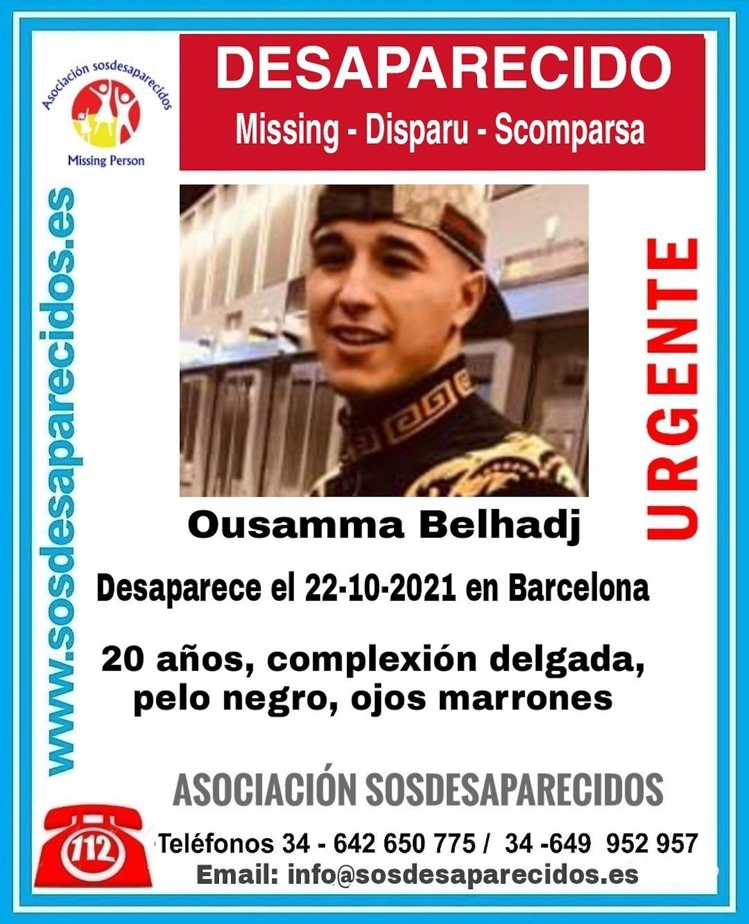 Ousamma Belhadj, el joven desaparecido
desde hace 10 días en Barcelona / SOS DESAPARECIDOS