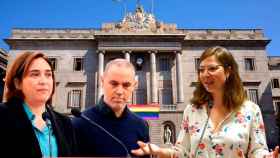 Ada Colau, Eloi Badia y Janet Sanz con el Ajuntament de Barcelona de fondo / MONTAJE MA
