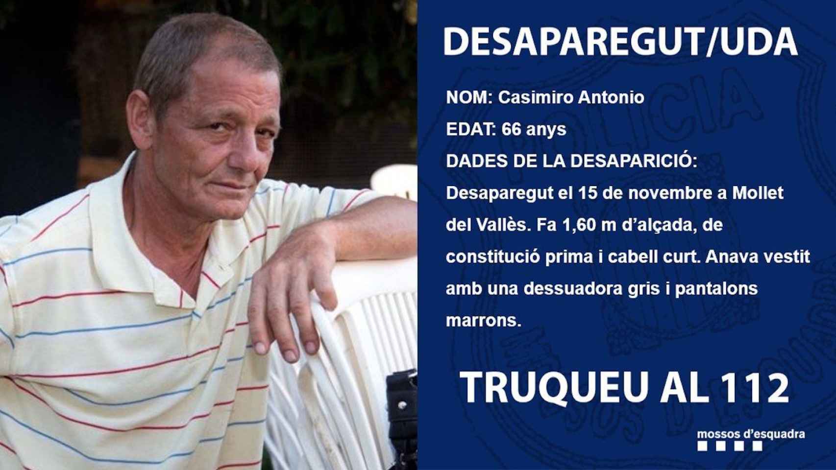 Casimiro Antonio, el hombre desaparecido en Mollet del Vallès / MOSSOS D'ESQUADRA