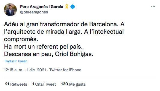 Pere Aragonès despide a Oriol Bohigas en su cuenta de Twitter