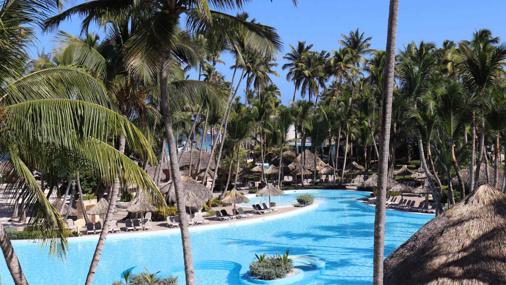 Hotel ubicado en Punta Cana con una piscina y múltiples palmeras