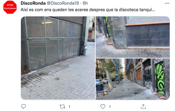Tuit de DiscoRonda sobre la suciedad en la ronda de Sant Pere / TWITTER DISCORONDA