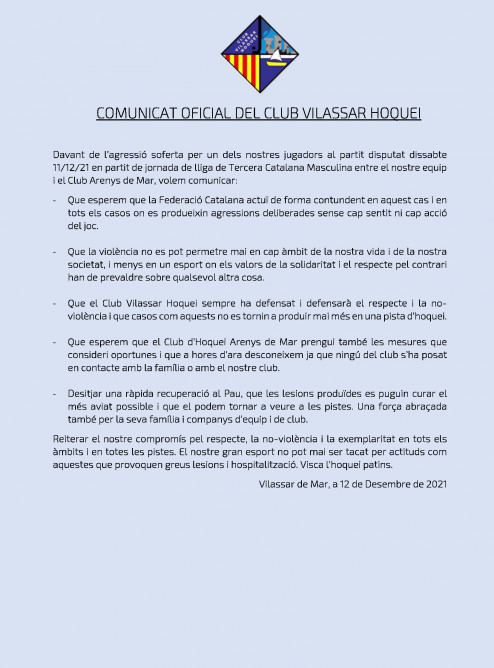 Comunicado del Vilassar tras el ataque a uno de sus jugadores / CLUB VILASSAR HOQUEI