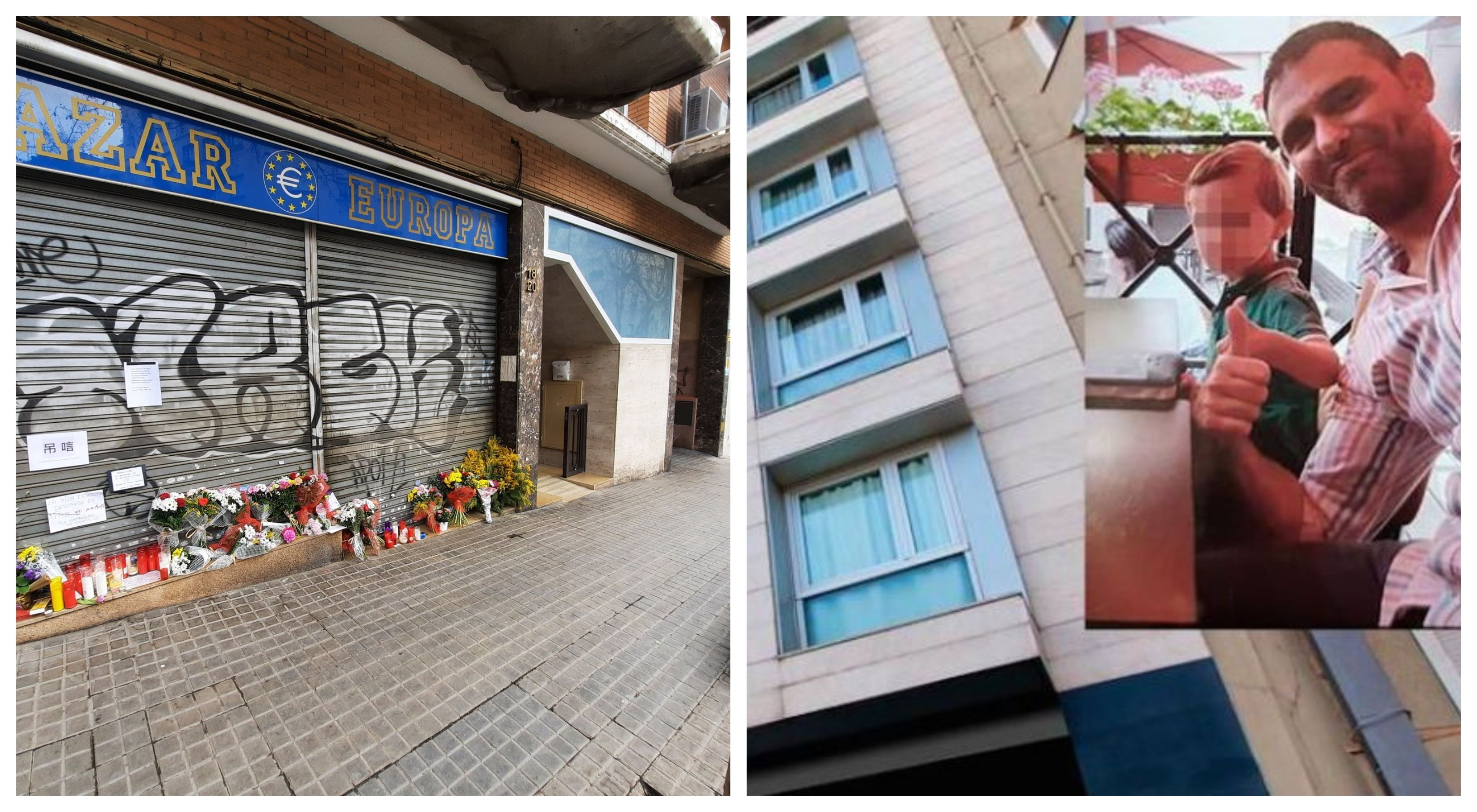 A la izquierda el bazar que regentaba Weimin Sun, víctima de uno de los siete crímenes de Barcelona. A la derecha fotomontaje con Martín Ezequiel y su hijo / TWITTER Y METRÓPOLI