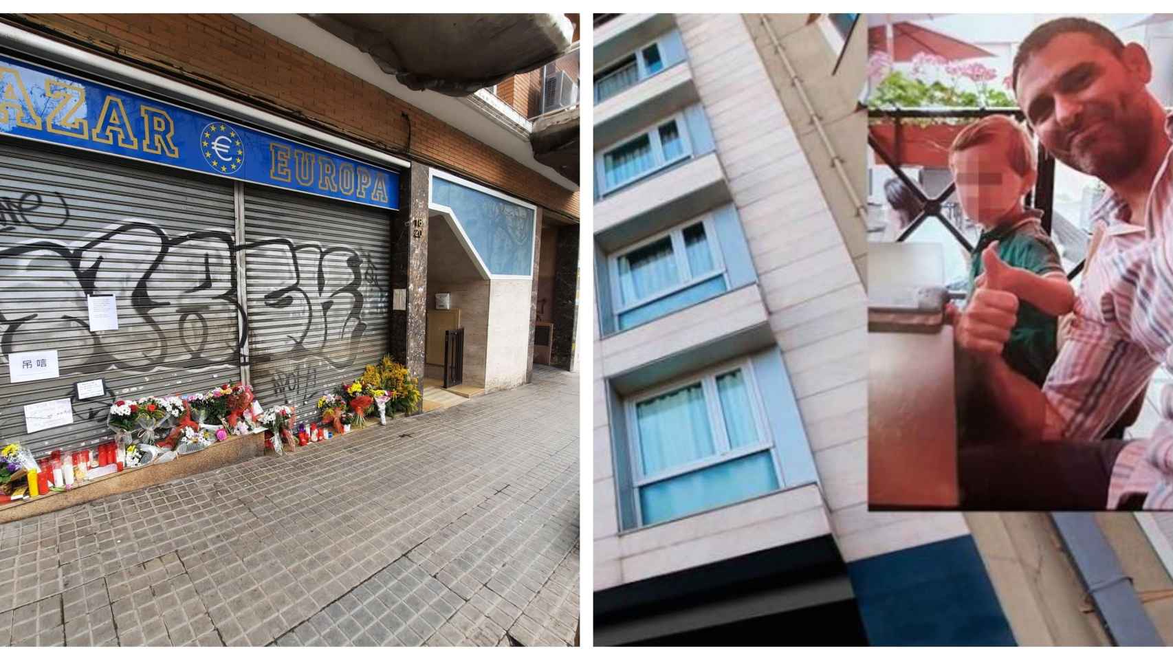 A la izquierda el bazar que regentaba Weimin Sun, víctima de uno de los siete crímenes de Barcelona. A la derecha fotomontaje con Martín Ezequiel y su hijo / TWITTER