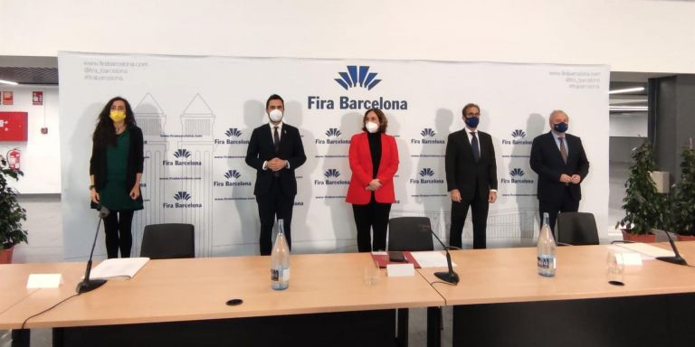 Mònica Roca, Roger Torrent, Ada Colau, Pau Relat y Constantí Serrallonga, en este orden, en la rueda de prensa de Fira de Barcelona / EUROPA PRESS