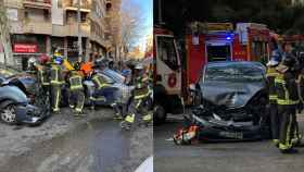 Imágenes del accidente de coche en l'Eixample, que ha provocado el derribe de una farola / METRÓPOLI-BOMBERS