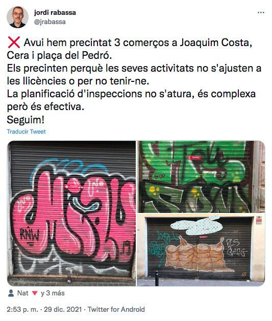 Tuit de Jordi Rabassa sobre las inspecciones en Ciutat Vella