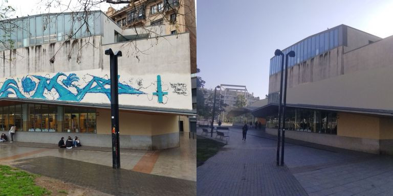 Fotomontaje de la fachada de la biblioteca Jaume Fuster, antes con grafitis y ahora sin / METRÓPOLI