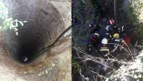 Fotomontaje con el pozo y el rescate efectuado por los bomberos / TWITTER BOMBERS BCN