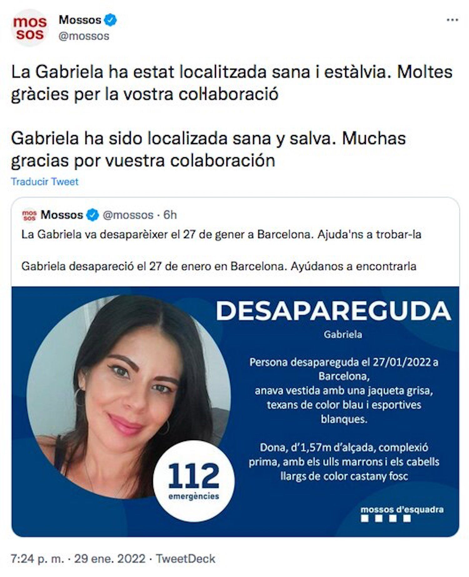 Tuit de los Mossos d'Esquadra tras localizar a Gabriela / REDES SOCIALES