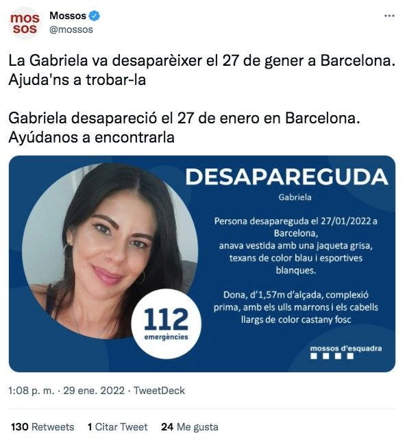 Tuit de los Mossos sobre Gabriela, la joven desaparecida / MOSSOS