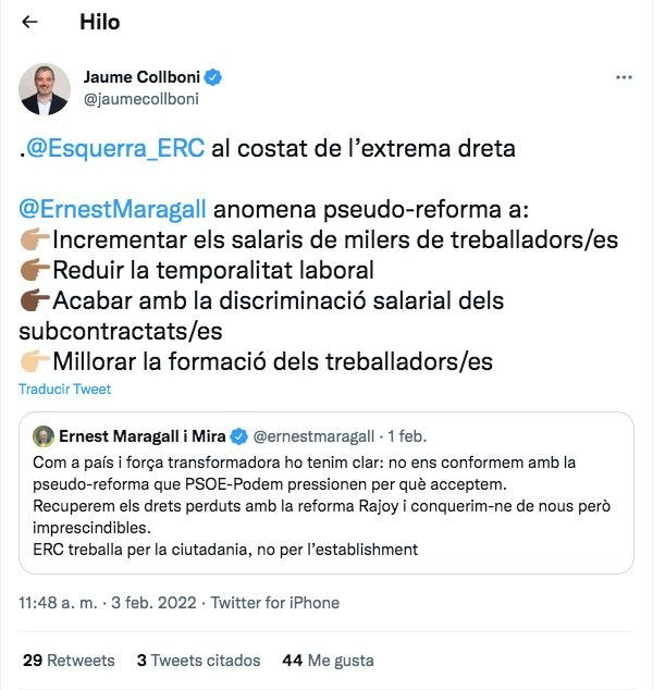 Tuit de Collboni en respuesta a Ernest Maragall / TWITTER  JAUME COLLBONI