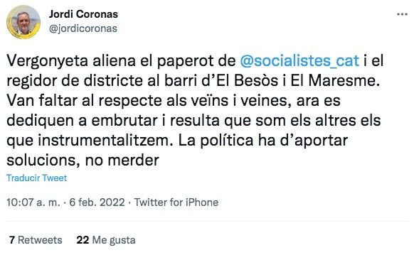 Tuit de Jordi Coronas de ERC / TWITTER JORDI CORONAS