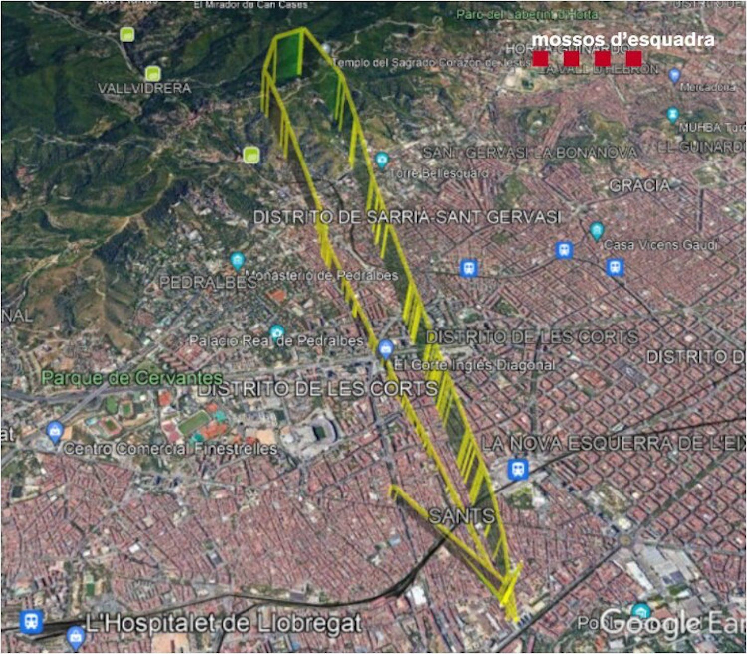Uno de los vuelos que realizó el piloto con el dron entre la plaza Cerdà y Collserola / MOSSOS D'ESQUADRA
