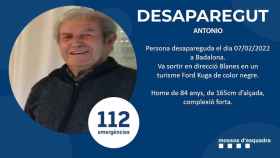 Anuncio de desaparición de Antonio, el anciano perdido en Badalona / MOSSOS D'ESQUADRA