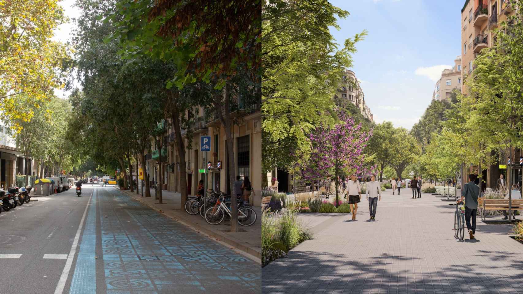 Montaje con imágenes de la calle de Rocafort de ahora y cuando sea un eje verde / AYUNTAMIENTO DE BARCELONA