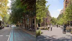 Montaje con imágenes de la calle de Rocafort de ahora y cuando sea un eje verde / AYUNTAMIENTO DE BARCELONA